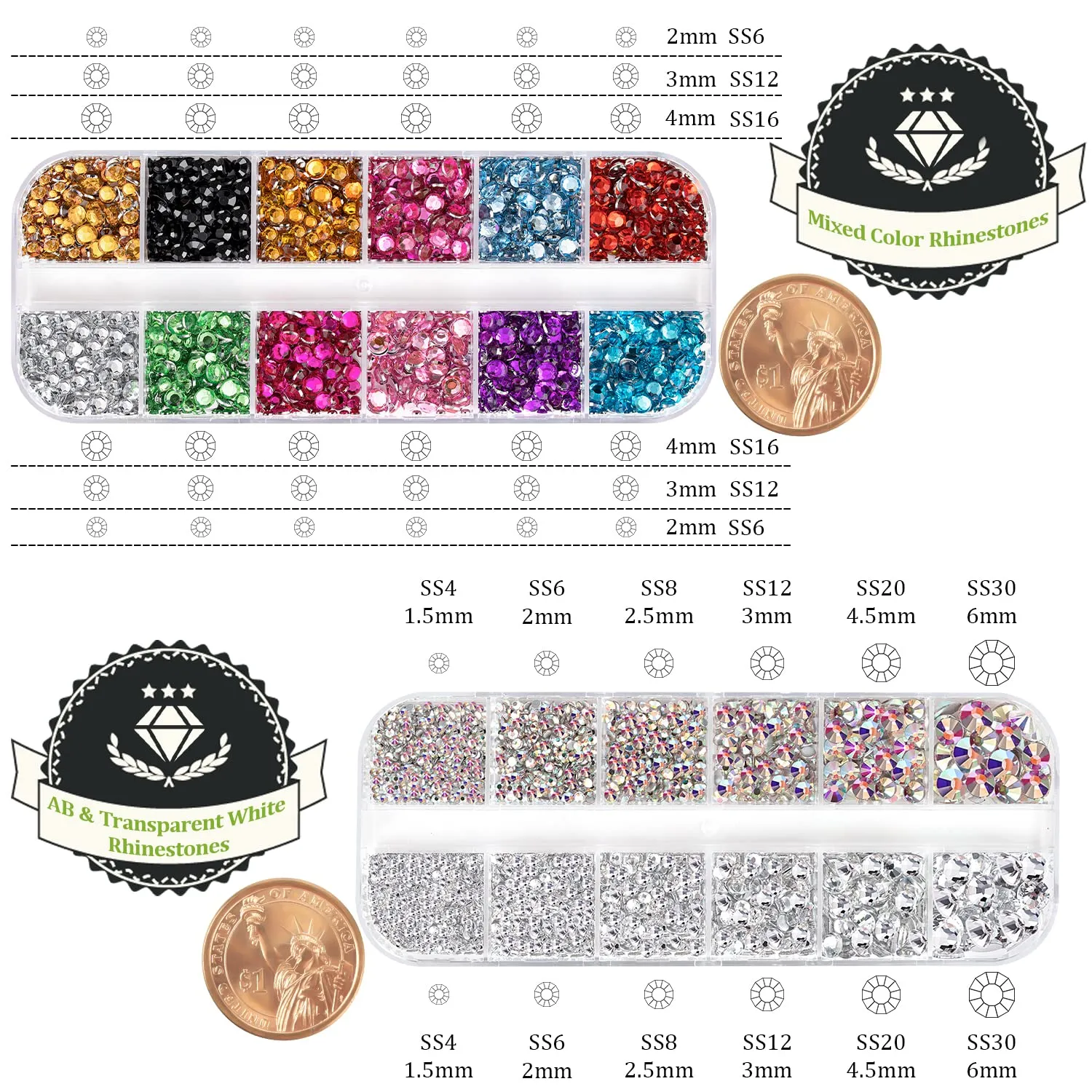 Two Packs of Flatback Rhinestones 4520 Pcs Crystal, Colorful Rhinestones for Nails, Multicolored  AB Transparent White Gems with Picker Tools for Bedazzling Nail Crafting Face Makeup