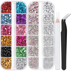 Two Packs of Flatback Rhinestones 4520 Pcs Crystal, Colorful Rhinestones for Nails, Multicolored  AB Transparent White Gems with Picker Tools for Bedazzling Nail Crafting Face Makeup