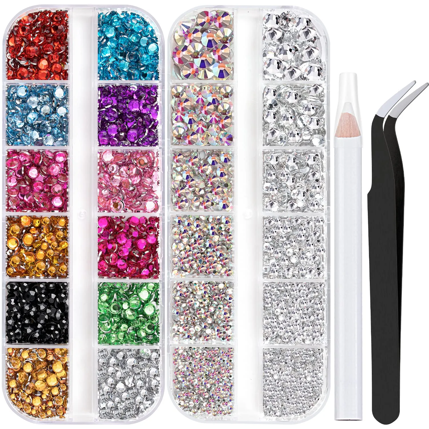Two Packs of Flatback Rhinestones 4520 Pcs Crystal, Colorful Rhinestones for Nails, Multicolored  AB Transparent White Gems with Picker Tools for Bedazzling Nail Crafting Face Makeup