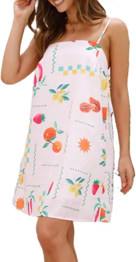 Women Boho Graffiti Mini Cami Dress Cute Graphic Spaghetti Strap Flowy Short Dress Summer Holiday Beach Sundress
