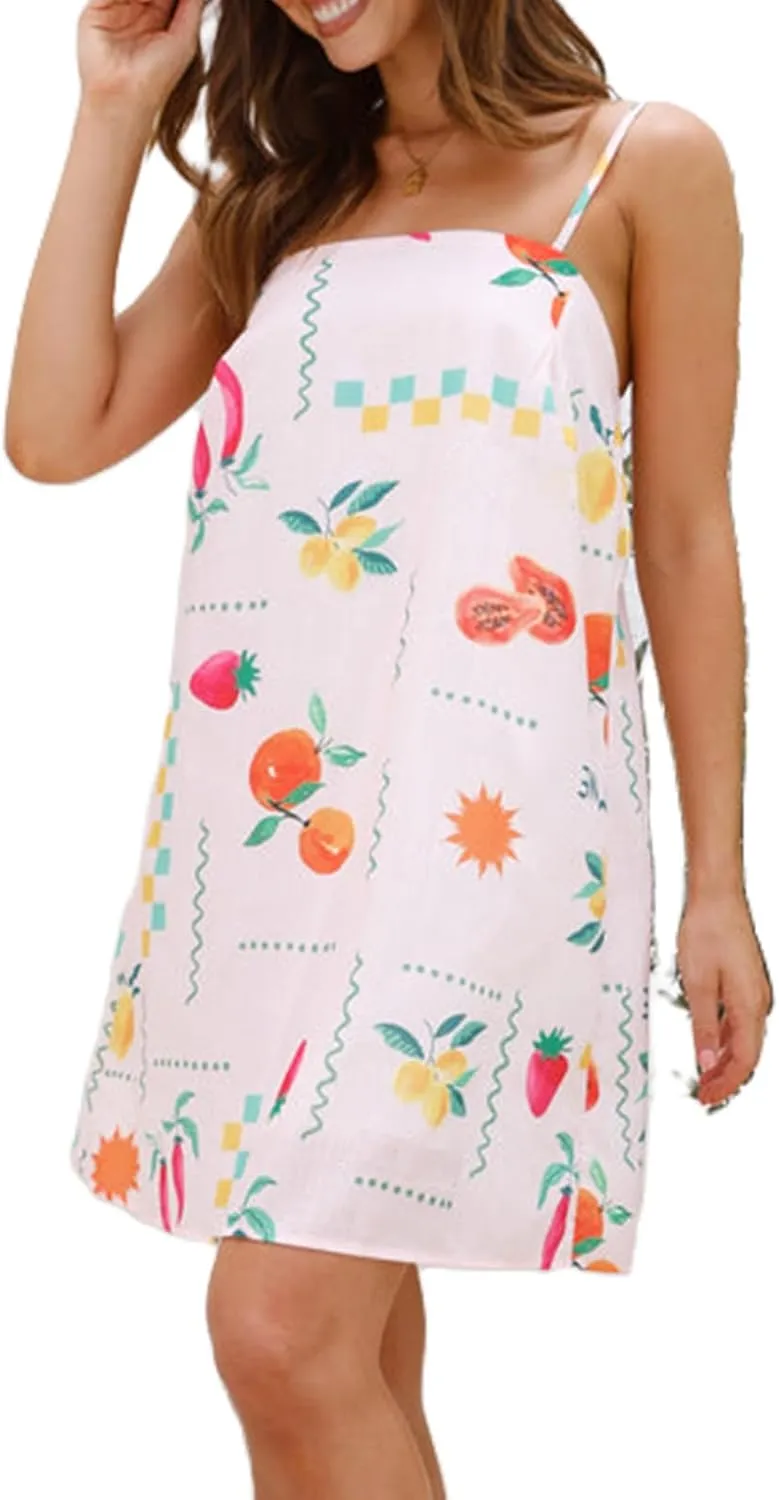Women Boho Graffiti Mini Cami Dress Cute Graphic Spaghetti Strap Flowy Short Dress Summer Holiday Beach Sundress