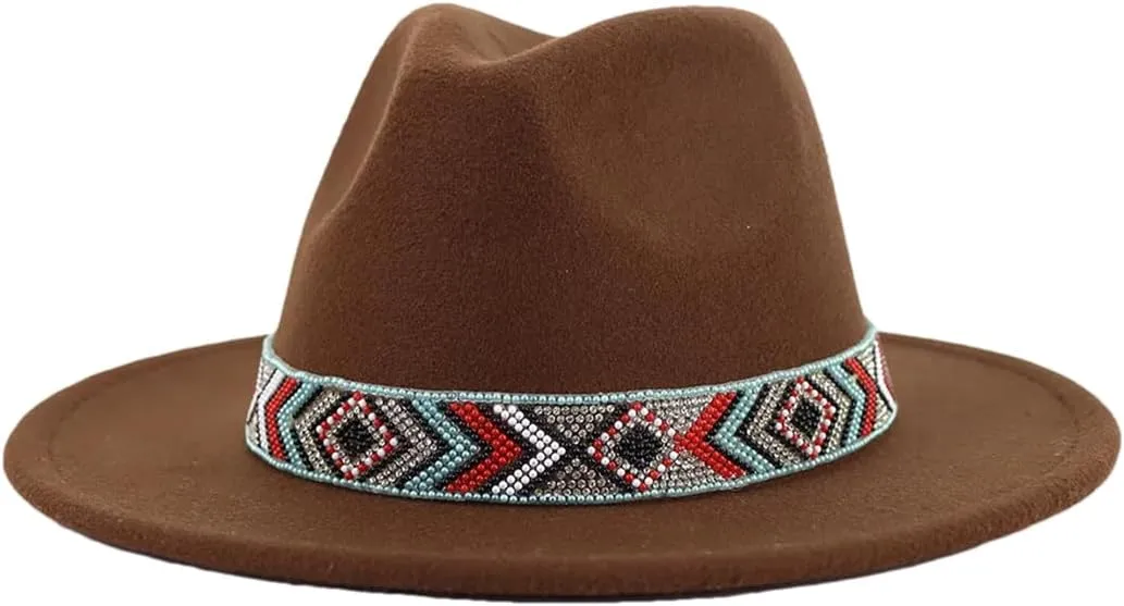 Women Fedoras Accessories Colorful Beads Wide Edge Jazz Hat Men Panama Hat Sombrero 30 M55-58cm
