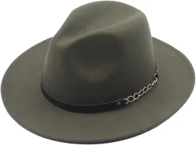 Women Solid Color Fedora Hats with Chain Belt Wide Brim Men Party Jazz Hat