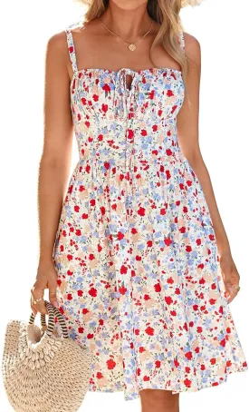 Womens Summer Mini Corset Casual Dresses Spaghetti Straps Lace Up Beach Vacation Sundress with Pockets