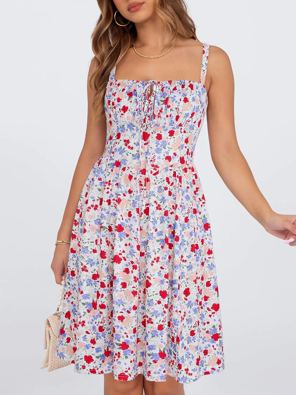 Womens Summer Mini Corset Casual Dresses Spaghetti Straps Lace Up Beach Vacation Sundress with Pockets